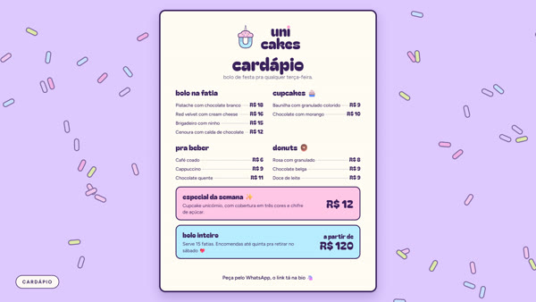 Uni Cakes: cardápio